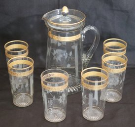Art Deco Lidded Glass Pitcher With Gold Trim And Etched Flowers With 6 Glasses
