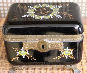 Antique 19 Th Century, Austrian Hand Painted Glass Casket Jewelry Box With Pretty Yellow Flowers.