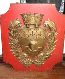 Fluctuat Mergitur Heavy Brass Embossed Crest With Sail Ship & Fleur De Lis Accents On Wood Board