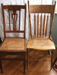 Set Of 2 Vintage Handmade Carved Wood Chairs With Woven Cane Seats