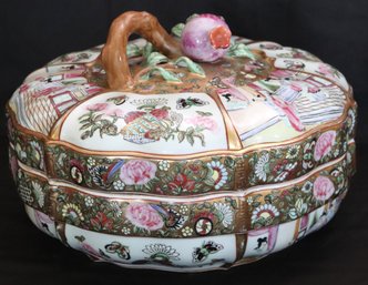 Vintage Chinese Rose Medallion Lotus Shape Lidded Tureen With Hand Painted Scenes