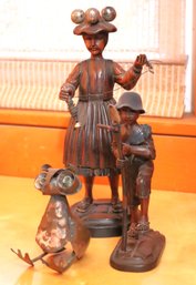 Carved Wood Figurine Of Weaver Woman With Silver Highlights & Boy With Sword