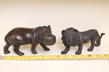 Hand Carved Wood Animals From Africa Including A Lion With Mane And Polished Wood Hippopotamus-Initialed