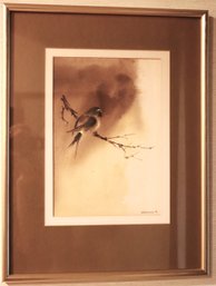 Framed Watercolor Painting By Artist Peterson 1976 Of A Bird Perched On A Branch In A Matted Frame