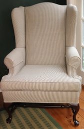 Vintage Wingback Armchair With A Custom Green Striped Linen Fabric, Arm Covers Included