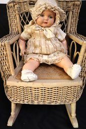 Vintage Effanbee Doll Sugar Baby As Pictured, Includes A Vintage Painted Woven Wicker Doll Chair
