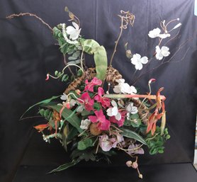 Vintage Twine And Branch Basket With Silk Flowers