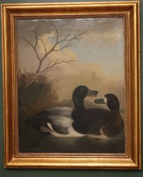 Antique Mallard Duck Waterfowl Painting On Canvas In A Wood Frame