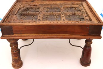 Vintage Rustic Indian Carved Wood Door Top Coffee Table With Brass Accents