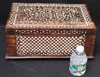 Large Inlaid Wood Box Made In India With Compartments And Key.