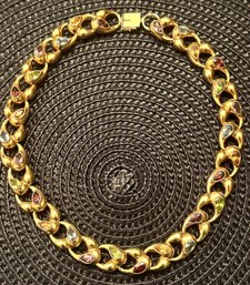 14K YG 16 Inch Wide Link Necklace With Multicolor Semi-precious Teardrop Stones