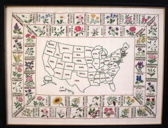 Vintage Hand Embroidered Map Of The United States With State Flowers In The Frame