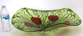 Beautiful Hand-blown Murano Glass Centerpiece Bowl With A Green Swirled Design