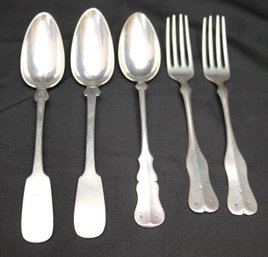 COIN SILVER 90 SET OF 5 VINTAGE UTENSILS 2 FORKS AND 3 SPOONS