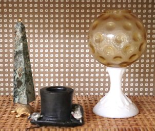 Unique Vintage Decor With Metal Top Hat, Marble Pyramid And Glass Globe.