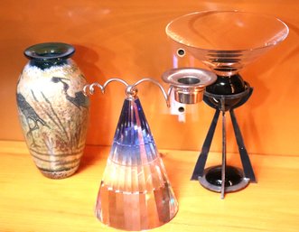 Christofle Martini Glass On Stand, Signed Studio Art Glass Vase & Modern Crystal Prism With Candlestick