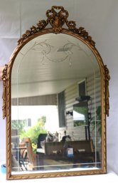 Vintage Carved Wood Wall Mirror With Ornate Floral/ribbon Crown And Etched Floral Accent
