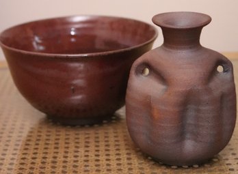 Art Pottery, Ceramic Bowl And Small Vase With Intrinsic Handles.