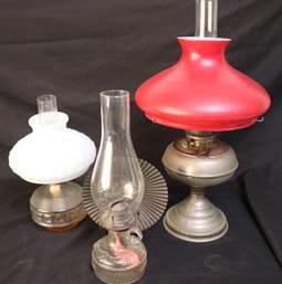 Set Of 3 Vintage Oil Lanterns Including Rayco With A Red Glass Shade White Milk Quilted Glass & 2 Eagle Wi
