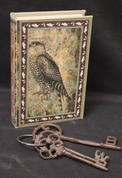 Silk Covered Secret Book Box And Decorative Iron Keys.