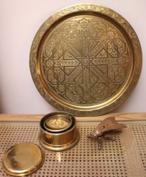 Vintage Brass Compass, Arabesque Style Brass Plate And Brass Fly Ashtray.