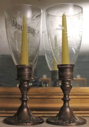 Pair Of Vintage Gorham Sterling Weighted Candlesticks With Etched Glass Shades
