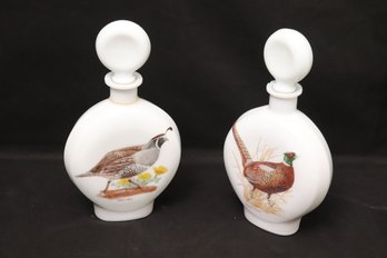 Two Limited Edition, Empty Milk Glass Whiskey Bottles, Featuring Field Birds.