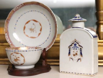 Antique Chinese Cup And Bowl With Stand Including Antique Hand Painted Porcelain Armorial Tea Caddie