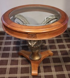 Round Acanthus Leaf Hallway Accent Table With A Beveled Edge On The Glass Top