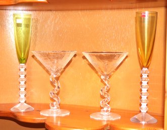Two Baccarat Crystal Champagne Flutes & Pair Signed Martini Glasses With Corkscrew Shaped Handles