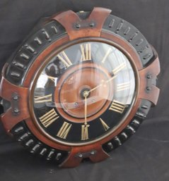 Antique Round French Railroad Clock With Beautiful Woodwork, Convex Glass Face.