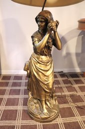 Signed French Bronze Lamp Sculpture/lamp Conversion Of A Woman Listening To A Seashell In A Gilded Finish