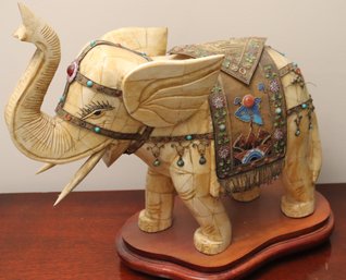 Elephant With Raised Trunk Decor On Stand With Brass And Beaded Accents