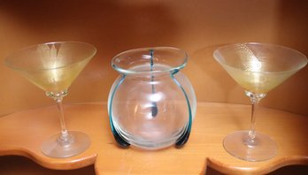 Pair Of Signed Murano Martini Glasses With Gold Flecks, & Art Glass Vase With Green Overlay Stripe