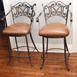 A Pair Of Ethan Allen Swivel Bar Stools With Brushed Bronze Metal Finish