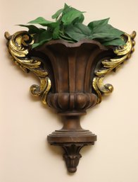 Decorative Wood Urn Wall Sconce Highlighted With Gold Painted Handles