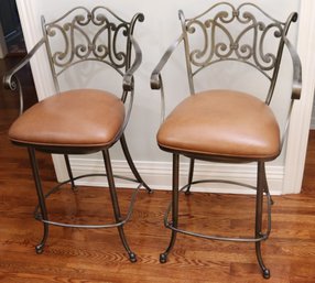 A Pair Of Ethan Allen Swivel Bar Stools With Brushed Bronze Metal Finish And Faux Tan Leather Seats.