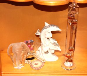 Vintage Decorative Items With Lenox Dolphins, Signed Elephant, Galileo Thermometer & Chunky Stone Necklac