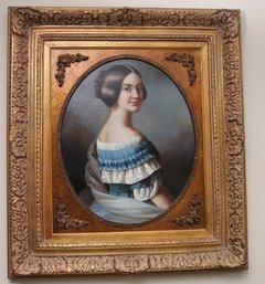 Oil Portrait Painting On Canvas Of A Young Woman In A Ruffled Blue And White Dress-Ornate Carved Wood Frame