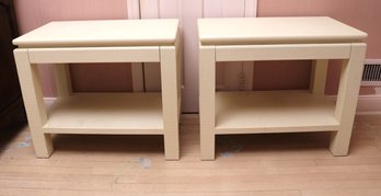 Pair Of Karl Springer Style Linen Wrapped Nightstands With Drawer And Shelf.