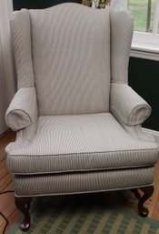 Vintage Wingback Armchair With A Custom Green Striped Linen Fabric, Arm Covers Included