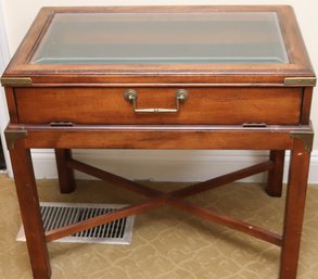 Vintage Wood Display Case Table, Side Opens By Handle, Brass Corner Accents