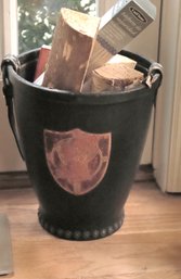 Vintage Leather Wrapped Pail With Strap And Coat Of Arms Shield, Button Style Accents