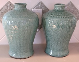 Pair Of Ethan Allen Textured Celadon Vases With Craquelure Finish.
