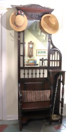 Victorian Style Oak Hall Tree With Beveled Mirror And Umbrella Holder