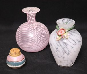 Two Miniature Glass Vases And Mini Jar With Cork.