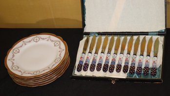 Lot Of 6 Antique Austrian Plates And Set Of 12 Austrian Enamel Fruit Knives With Box