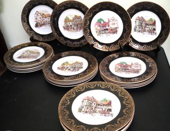 Collection Of 24 Vintage English Dinner Plates Depicting Old English Villages