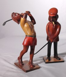 2 Finely Carved Wood Figural Golf Statues Made In Italy, Great Gifts For The Golfer In Your Life!