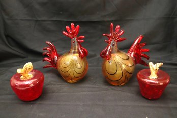 Pretty Handblown Art Glass Decor Including Roosters And Apples